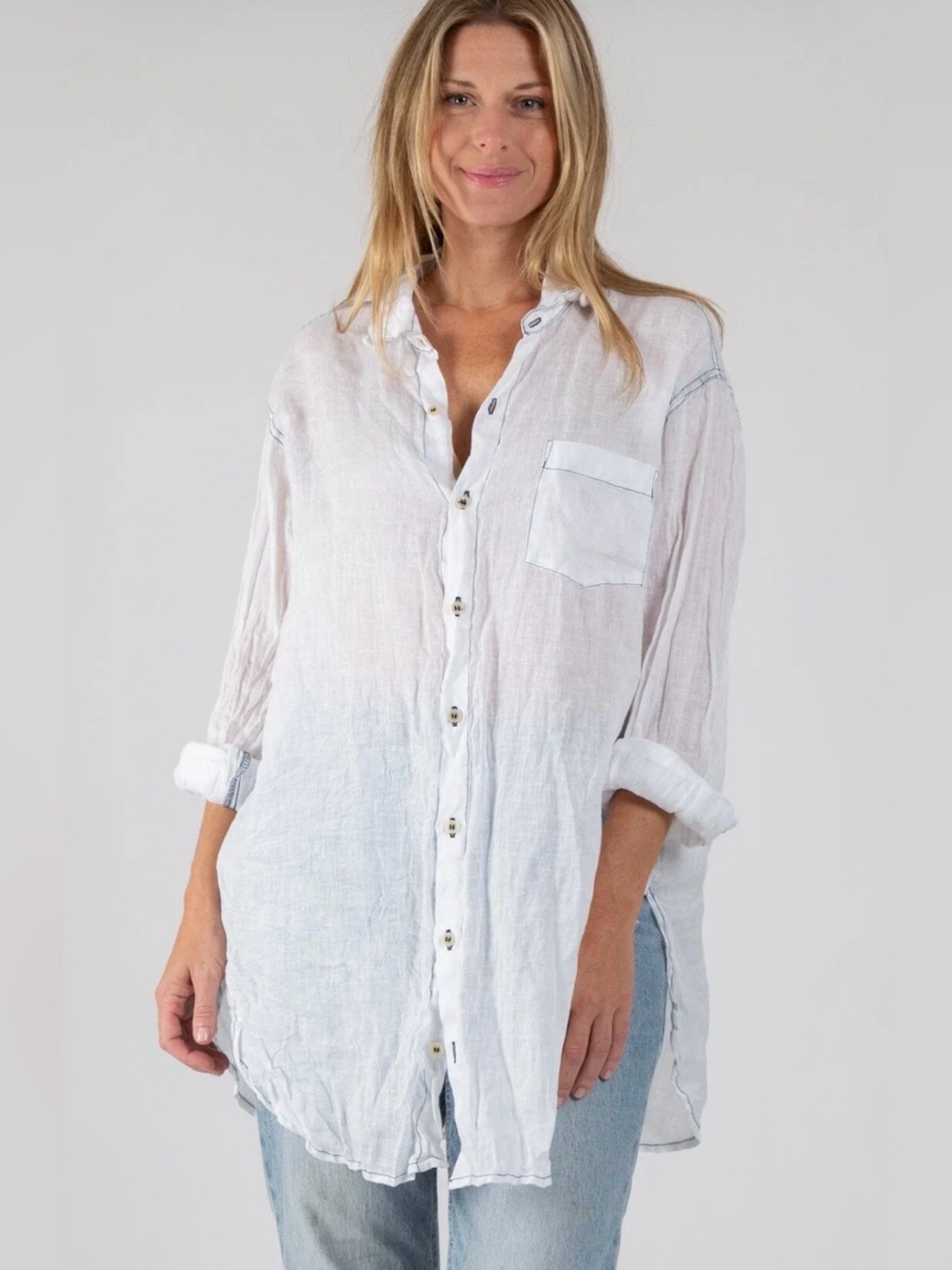 CP Shades White Linen Marella Shirt With Navy Stitching